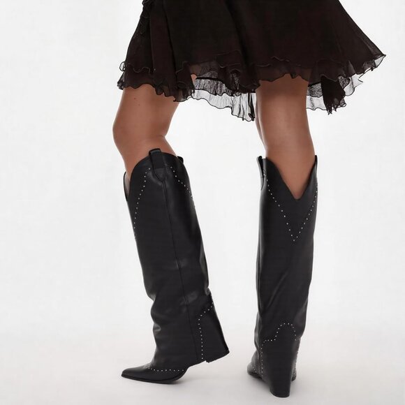 🆕Women's1 Black Polyurethane Studded Fold Over Knee High Cowgirl Slouch Boot - Picture 8 of 9